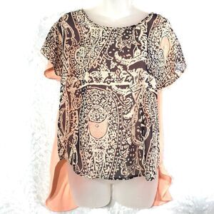 Womens Short Sleeve Blouse Slit Back Hi Low Hem Top Patterned Tan Peach Medium